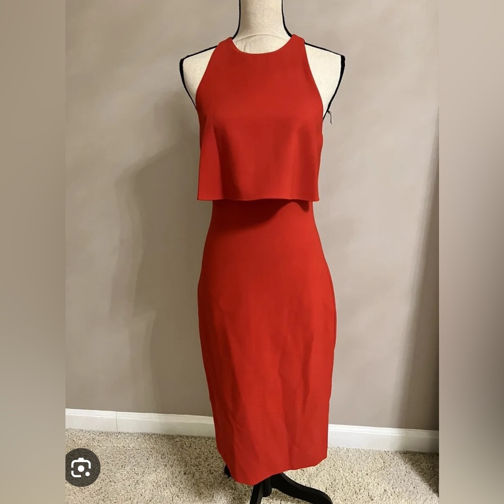 LIKELY size 4 red dress, worn for 3 hours.